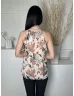   ÚJ Oasis (M) Világosbarna Színes Virágos, Hátul Nyakban Gombos Bélelt, Fodros Szegélyű Felső