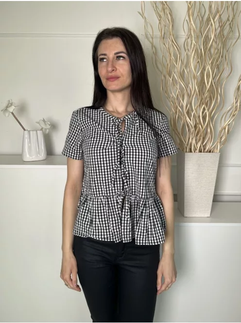 M&S (M) Fekete-Fehér Kockás, Elől Megkötős 100% Pamut, Fodros Aljú Felső