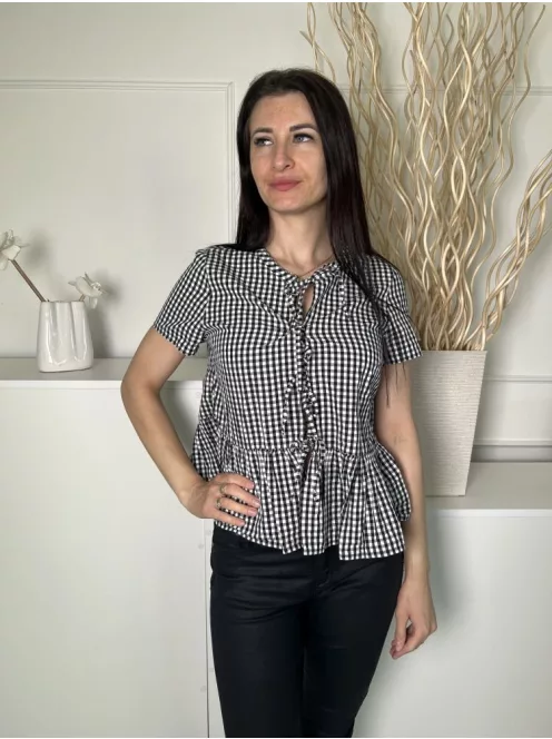 M&S (M) Fekete-Fehér Kockás, Elől Megkötős 100% Pamut, Fodros Aljú Felső