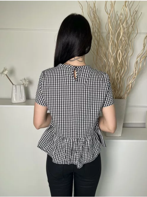 M&S (M) Fekete-Fehér Kockás, Elől Megkötős 100% Pamut, Fodros Aljú Felső