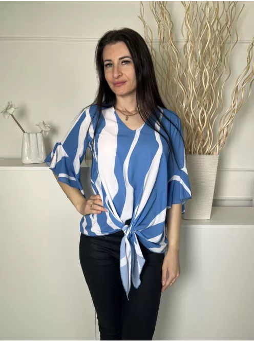  (S) Kék Fehér Csíkos, Alul Megkötős Fodros Ujjvégű, V Kivágású Felső