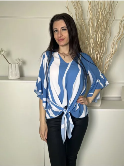  (S) Kék Fehér Csíkos, Alul Megkötős Fodros Ujjvégű, V Kivágású Felső