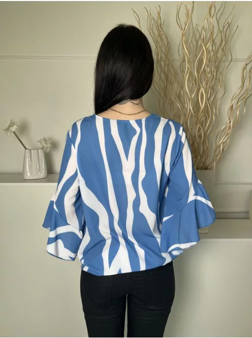  (S) Kék Fehér Csíkos, Alul Megkötős Fodros Ujjvégű, V Kivágású Felső