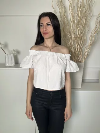   New Look (XS) Fehér Ejtett Gumis Vállú, Buggyos Ujjú 100% Pamut Alapanyagú Felső