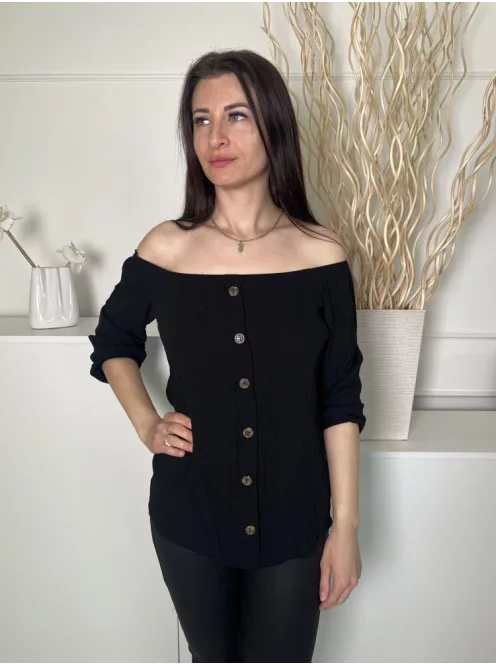 ÚJ Select (S) Fekete Elől Díszgombos, Ejtett Gumis Vállú Anyagában Mintás Felső