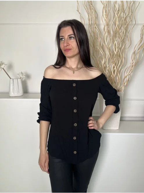 ÚJ Select (S) Fekete Elől Díszgombos, Ejtett Gumis Vállú Anyagában Mintás Felső