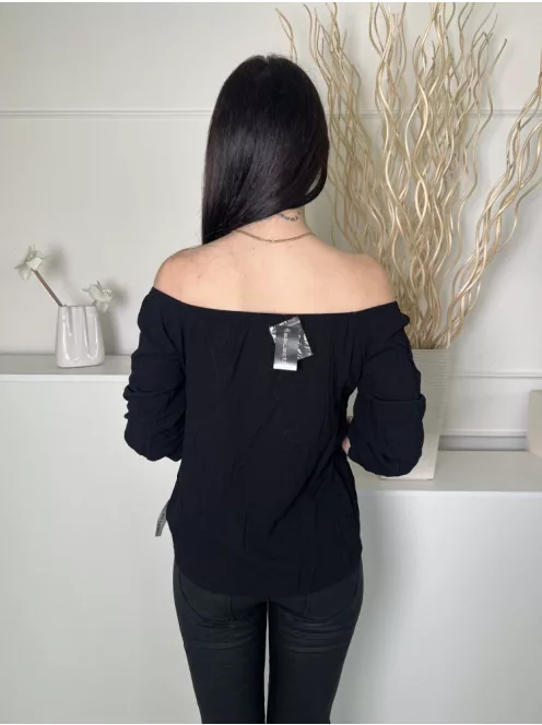 ÚJ Select (S) Fekete Elől Díszgombos, Ejtett Gumis Vállú Anyagában Mintás Felső