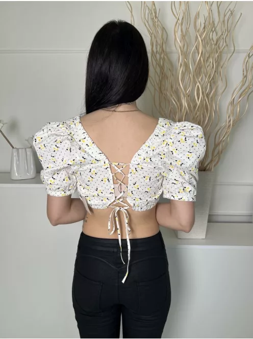 ZARA (S) Fehér Apró Sárga Mintás, Gumírozott Vállú Hátul Fűzős, 100% Pamut Felső