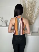 ZARA (S) Fehér-Piros-Okker Csíkos, Nyakpántos Rugalmas Anyagú Felső