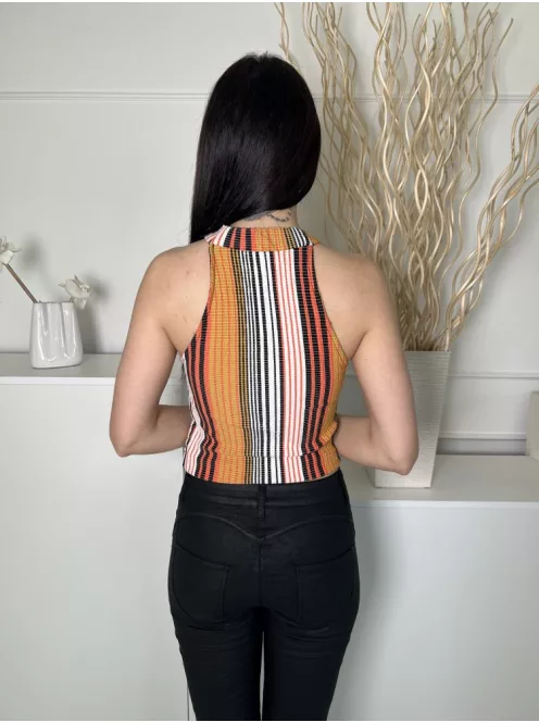 ZARA (S) Fehér-Piros-Okker Csíkos, Nyakpántos Rugalmas Anyagú Felső