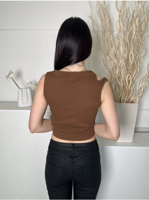 Pretty Little Thing (M) Barna Dupla Pántos, Anyagában Bordázott Mellnél Kivágott, Rövid Fazonú Felső