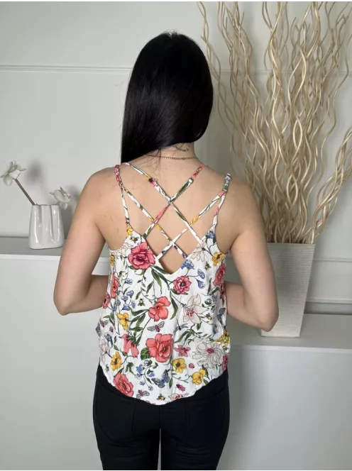 Hollister (S) Fehér Színes Virágos, Dupla Pántos Hátul Keresztpántos Felső