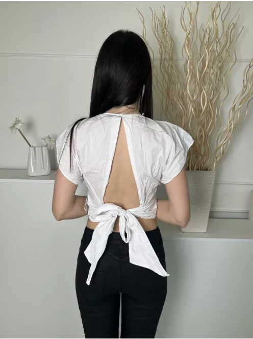 ZARA (M) Fehér Hátul Nyitott, Megkötős 100% Pamut, Fodros Vállú Felső