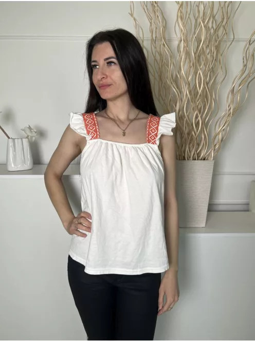 ÚJ Papaya (M) Fehér Hímzett Pántos, Fodros Vállú 100% Pamut Alapanyagú Felső