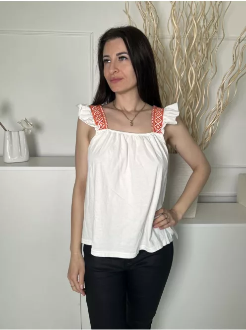 ÚJ Papaya (M) Fehér Hímzett Pántos, Fodros Vállú 100% Pamut Alapanyagú Felső