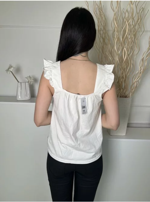 ÚJ Papaya (M) Fehér Hímzett Pántos, Fodros Vállú 100% Pamut Alapanyagú Felső