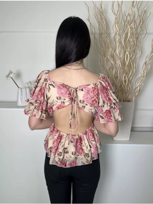 Boohoo (M) Világosbarna Rózsaszín Virágos, Gumírozott Vállú Hátul Nyitott, Fűzős Felső