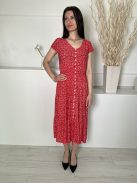  (S) Piros Fehér Apró Virágos, Elől Díszgombos Derékban Darázsolt Ruha