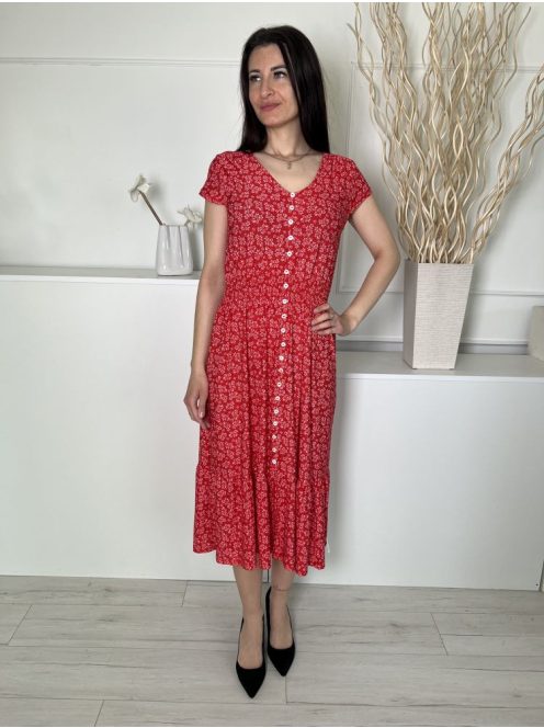  (S) Piros Fehér Apró Virágos, Elől Díszgombos Derékban Darázsolt Ruha