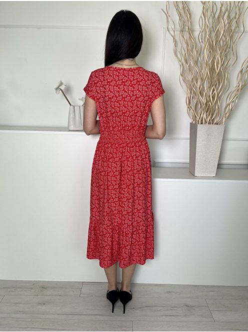  (S) Piros Fehér Apró Virágos, Elől Díszgombos Derékban Darázsolt Ruha