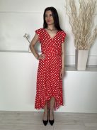 Grecelle (S) Piros Fehér Pöttyös, Díszlapolású Derékban Megkötős, Fodros Aljú Ruha