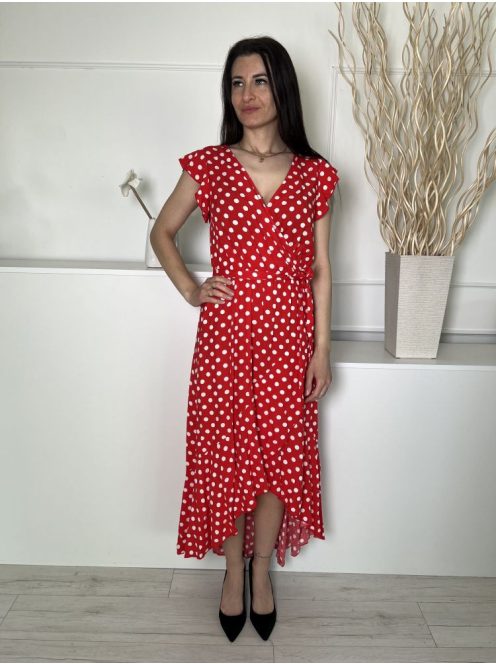 Grecelle (S) Piros Fehér Pöttyös, Díszlapolású Derékban Megkötős, Fodros Aljú Ruha