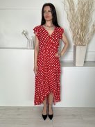 Grecelle (S) Piros Fehér Pöttyös, Díszlapolású Derékban Megkötős, Fodros Aljú Ruha