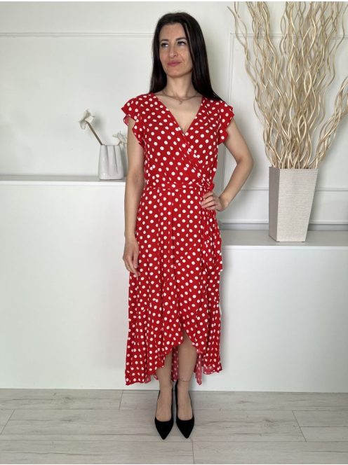 Grecelle (S) Piros Fehér Pöttyös, Díszlapolású Derékban Megkötős, Fodros Aljú Ruha