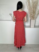 Grecelle (S) Piros Fehér Pöttyös, Díszlapolású Derékban Megkötős, Fodros Aljú Ruha