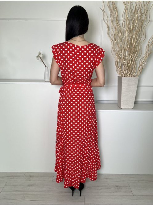 Grecelle (S) Piros Fehér Pöttyös, Díszlapolású Derékban Megkötős, Fodros Aljú Ruha