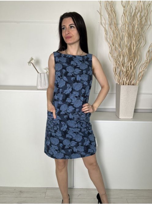 Next (S) Kék Virágmintás, Zsebes Hátul V Kivágású, 55% Len Alapanyagú Ruha