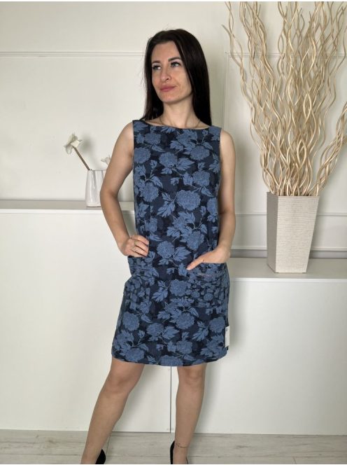 Next (S) Kék Virágmintás, Zsebes Hátul V Kivágású, 55% Len Alapanyagú Ruha