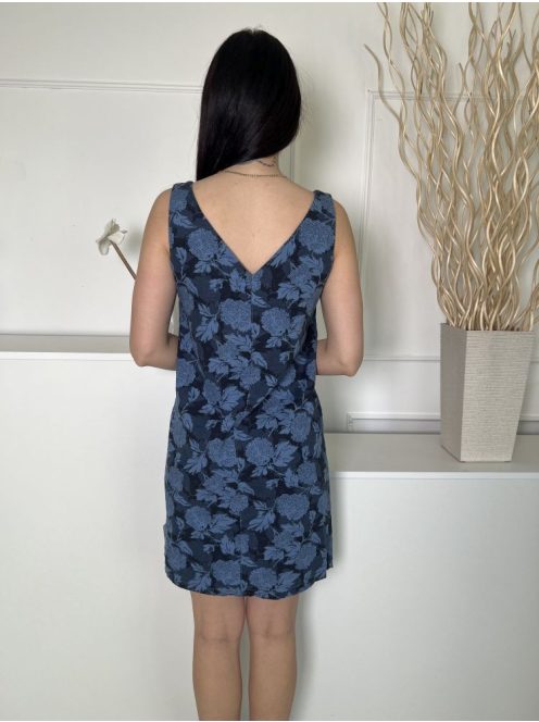 Next (S) Kék Virágmintás, Zsebes Hátul V Kivágású, 55% Len Alapanyagú Ruha