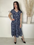  (S) Sötétkék Fehér-Kék Foltmintás, Elől Díszgombos Derékban Darázsolt Ruha