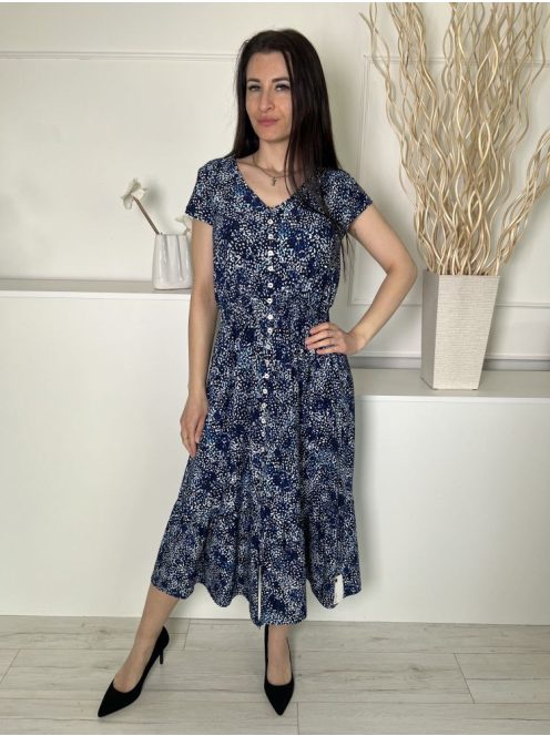  (S) Sötétkék Fehér-Kék Foltmintás, Elől Díszgombos Derékban Darázsolt Ruha