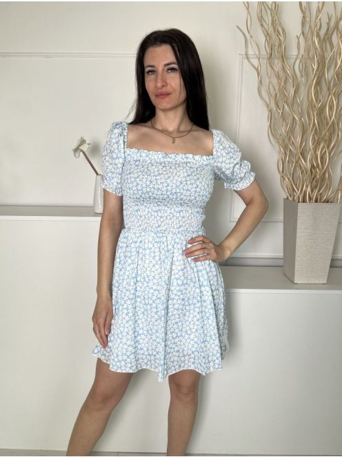 Cameo Rose (S) Világoskék Fehér Virágos, Felül Darázsolt Buggyos ujjú, Bélelt Ruha