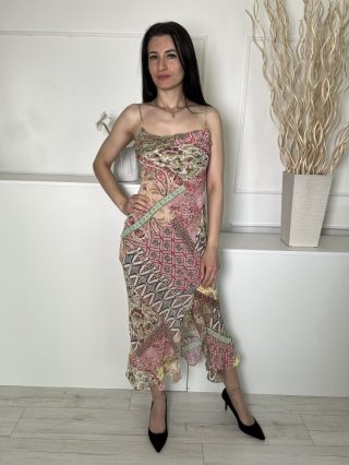   ZARA (S) Rózsaszín-Drapp-Zöld Mintás, Oldalt Sliccelt Hátul Nyitott, Megkötős Ruha