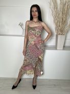 ZARA (S) Rózsaszín-Drapp-Zöld Mintás, Oldalt Sliccelt Hátul Nyitott, Megkötős Ruha