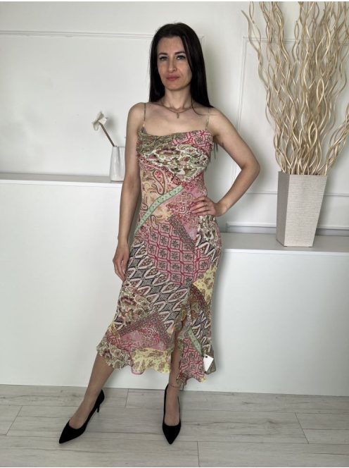 ZARA (S) Rózsaszín-Drapp-Zöld Mintás, Oldalt Sliccelt Hátul Nyitott, Megkötős Ruha