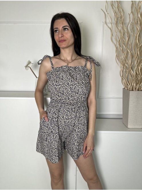 H&M (S) Fekete Fehér Apró Virágos, Megköthető Pántú Zsebes, Derékban Darázsolt Overál