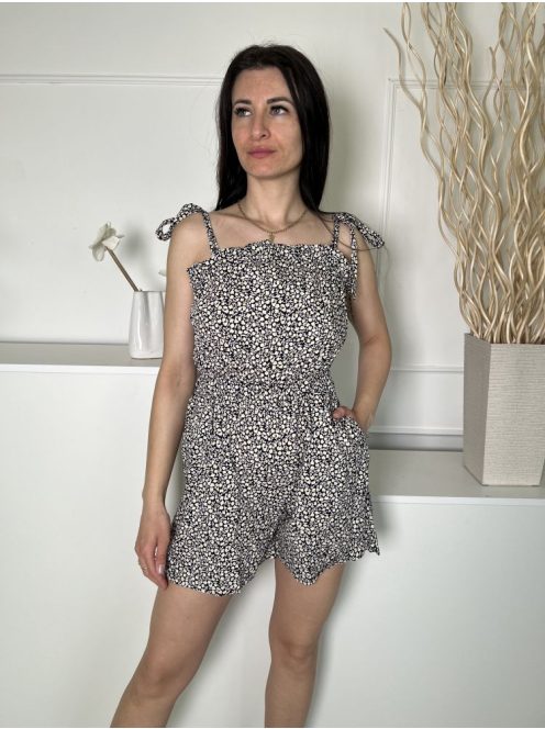 H&M (S) Fekete Fehér Apró Virágos, Megköthető Pántú Zsebes, Derékban Darázsolt Overál