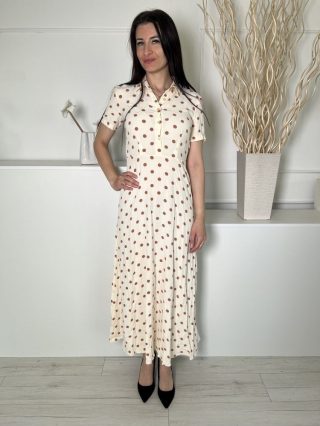   ZARA (S) vajszínű Barna Pöttyös, Mellnél Gombos Derékban Szabott, Galléros, Oldalt Cipzáros Ruha