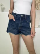 Primark (M) Sötétkék Elől Gombos, Övtartós Zsebes, Rojtos Aljú, Farmer Rövidnadrág