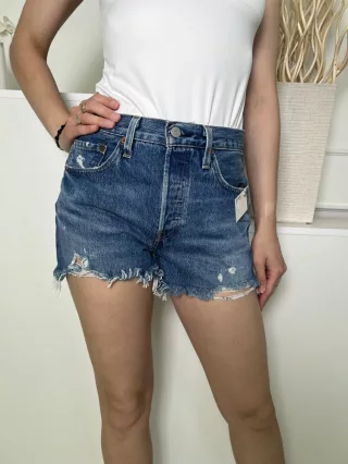   Levis (S) Kék Elől Gombos, Zsebes Szaggatott, Rojtos Aljú, Farmer Rövidnadrág