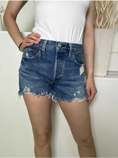 Levis (S) Kék Elől Gombos, Zsebes Szaggatott, Rojtos Aljú, Farmer Rövidnadrág