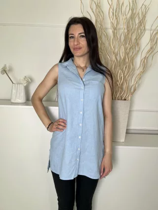   New Look (S) Világoskék Elől Végig Gombos, Mellnél Zsebes 55% Len Alapanyagú, Oldalt Sliccelt Felső