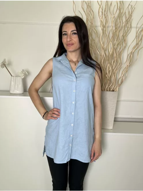 New Look (S) Világoskék Elől Végig Gombos, Mellnél Zsebes 55% Len Alapanyagú, Oldalt Sliccelt Felső