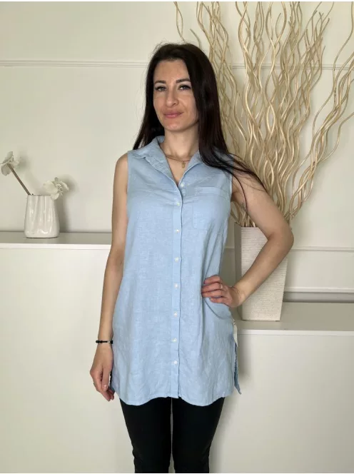 New Look (S) Világoskék Elől Végig Gombos, Mellnél Zsebes 55% Len Alapanyagú, Oldalt Sliccelt Felső