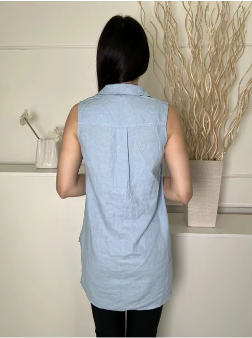 New Look (S) Világoskék Elől Végig Gombos, Mellnél Zsebes 55% Len Alapanyagú, Oldalt Sliccelt Felső