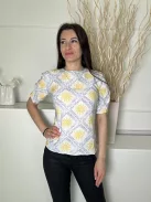 Primark (M) Fehér Sárga-Kék Mintás, Hátul Nyakban Gombos Hátul Megkötős Felső